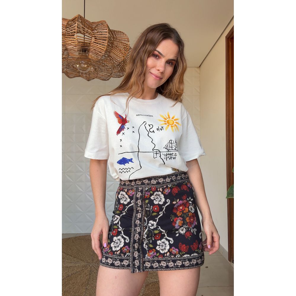 Saia Sarja Flor De Fita Estampado