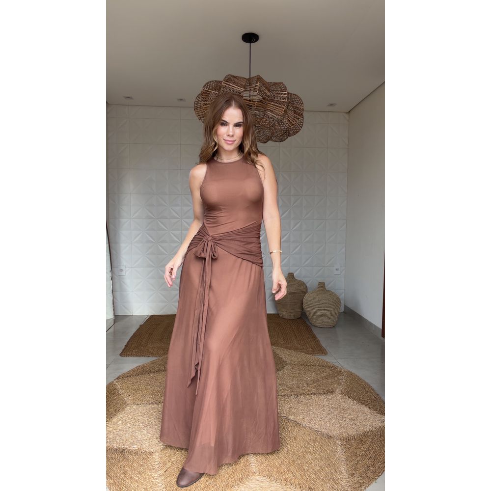 Vestido Cropped Amarração Tule Marrom