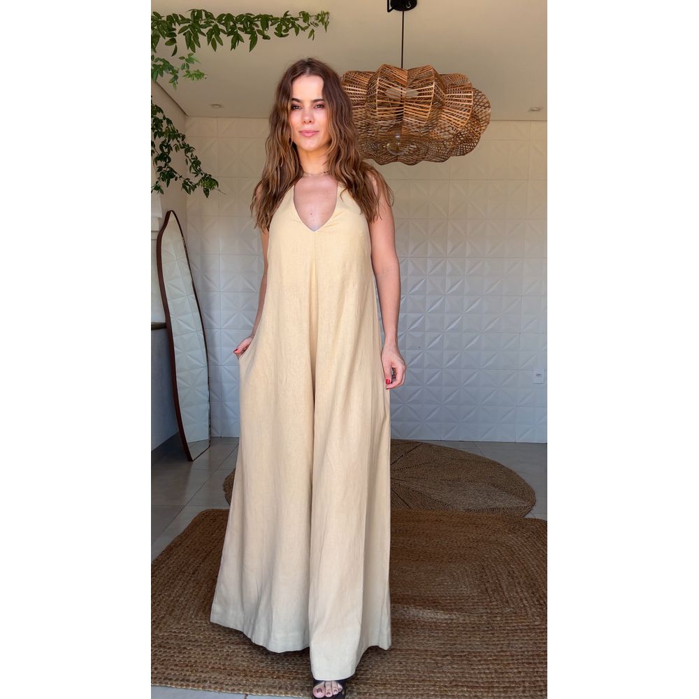 Macacão Frente Única Pantalona Bege 