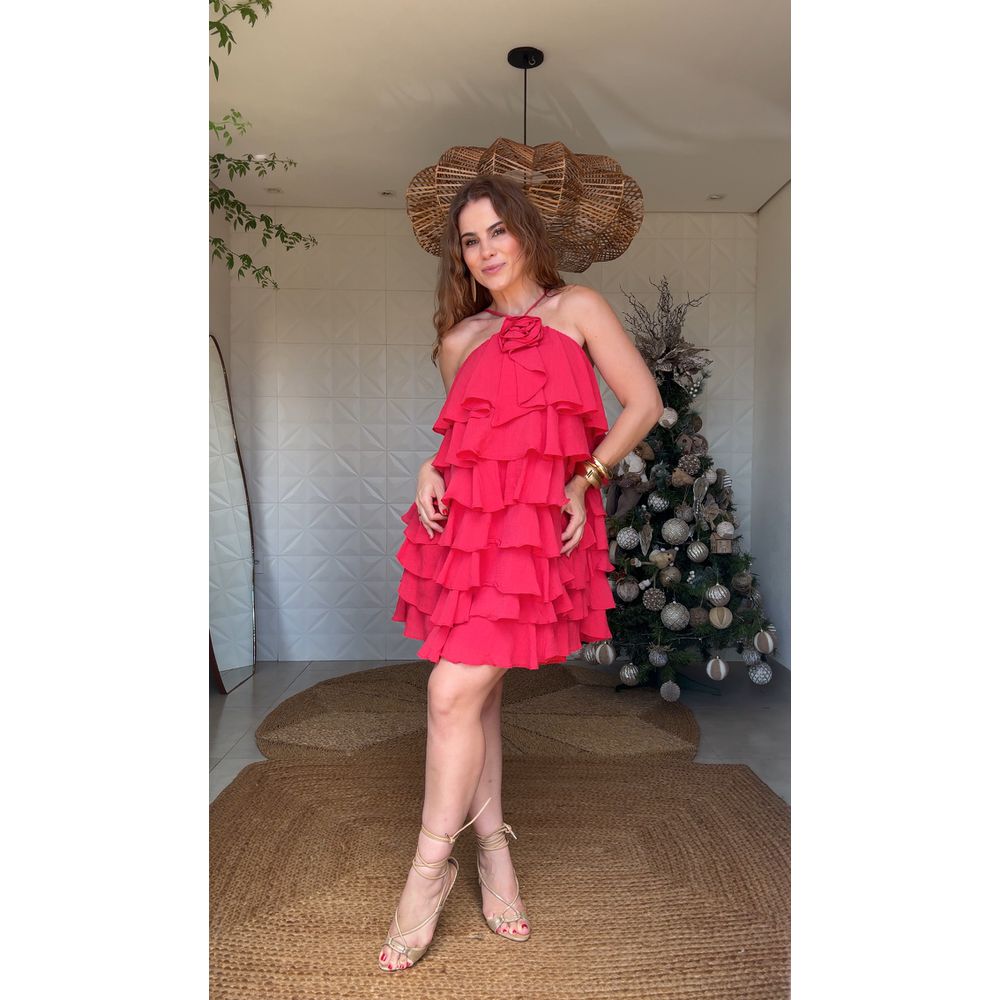 Vestidos Camadas Flor Chiclé Vermelha