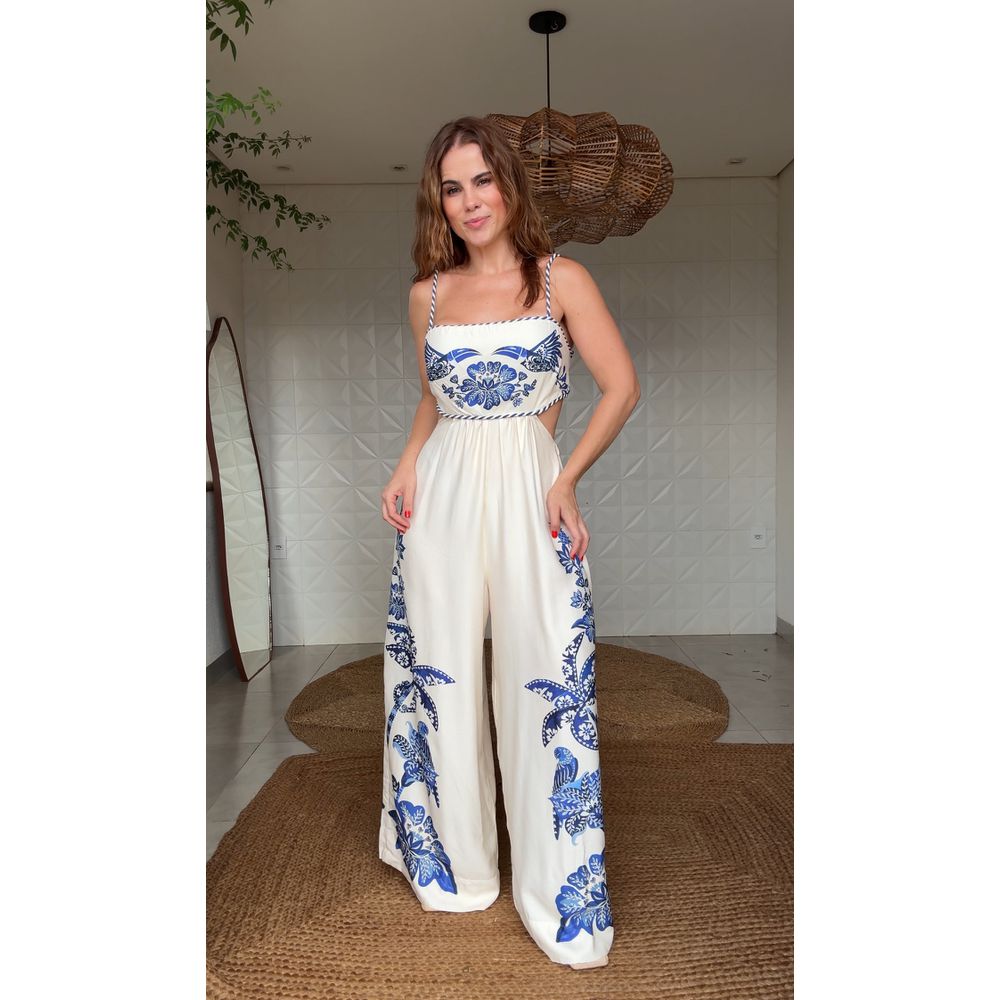 Macacão Pantalona Coqueiro Tropical Estampado