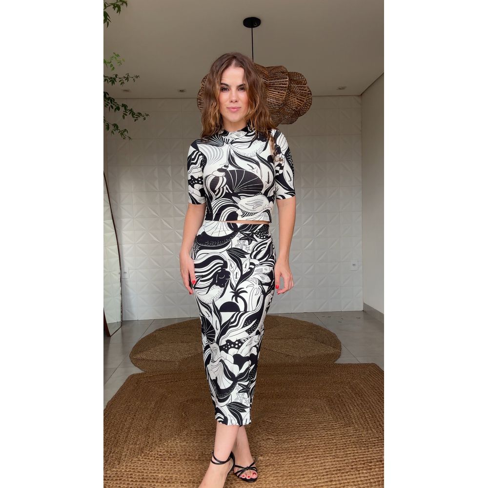 Saia Midi Reta Festa Do Mar Estampado