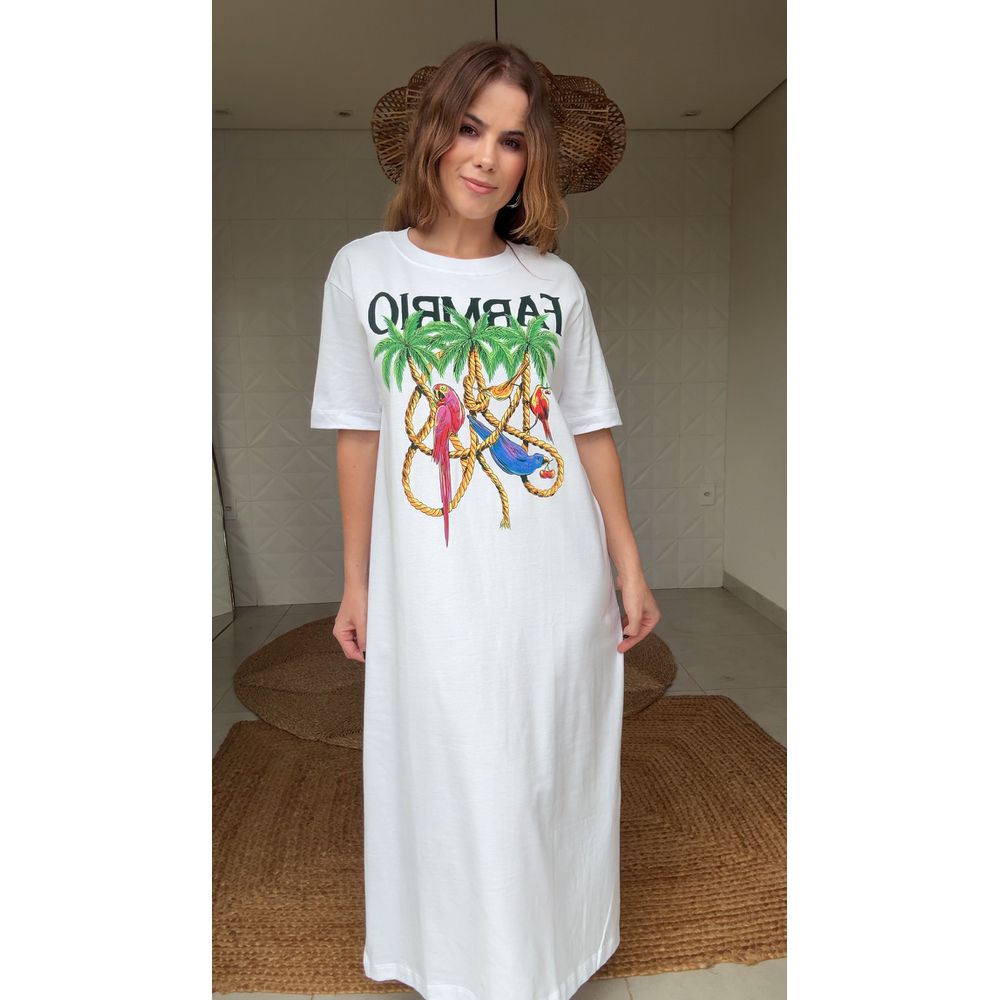 Vestido Midi Cordas E Aves Estampado