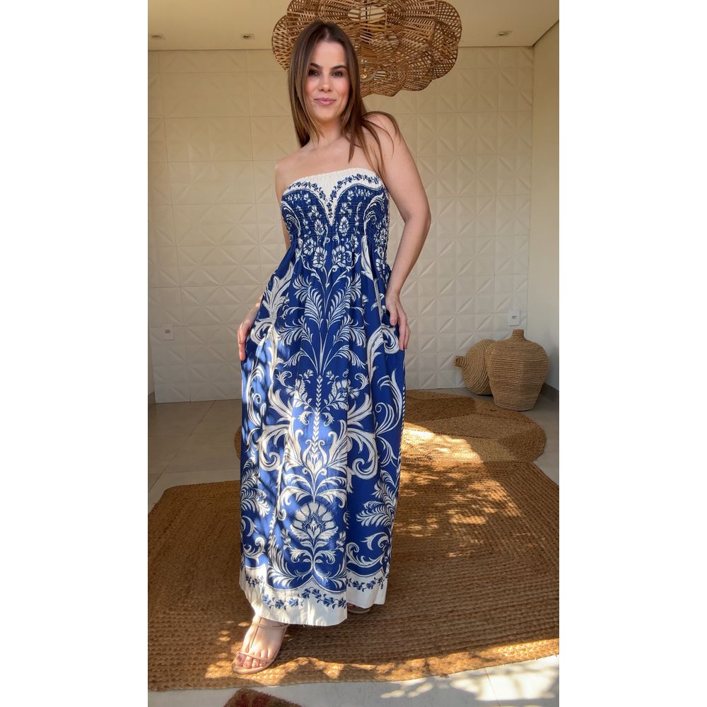 Vestido Midi Sem Alça Santorini Estampado