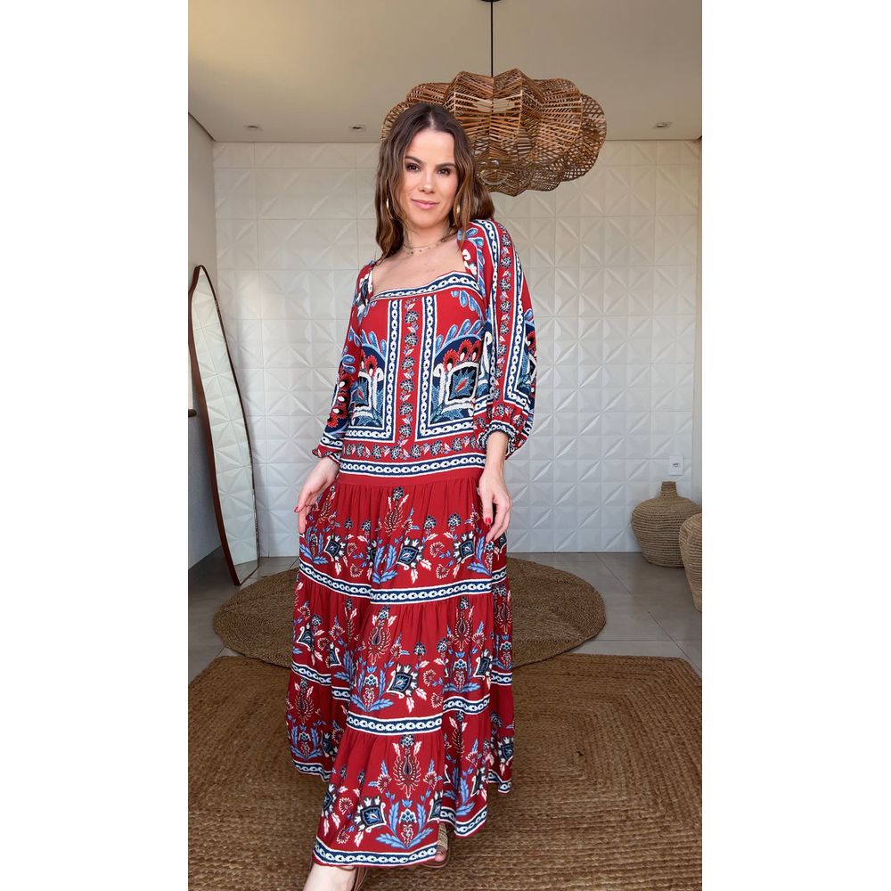 Vestido Longo Manga Lenço Naútico Estampado