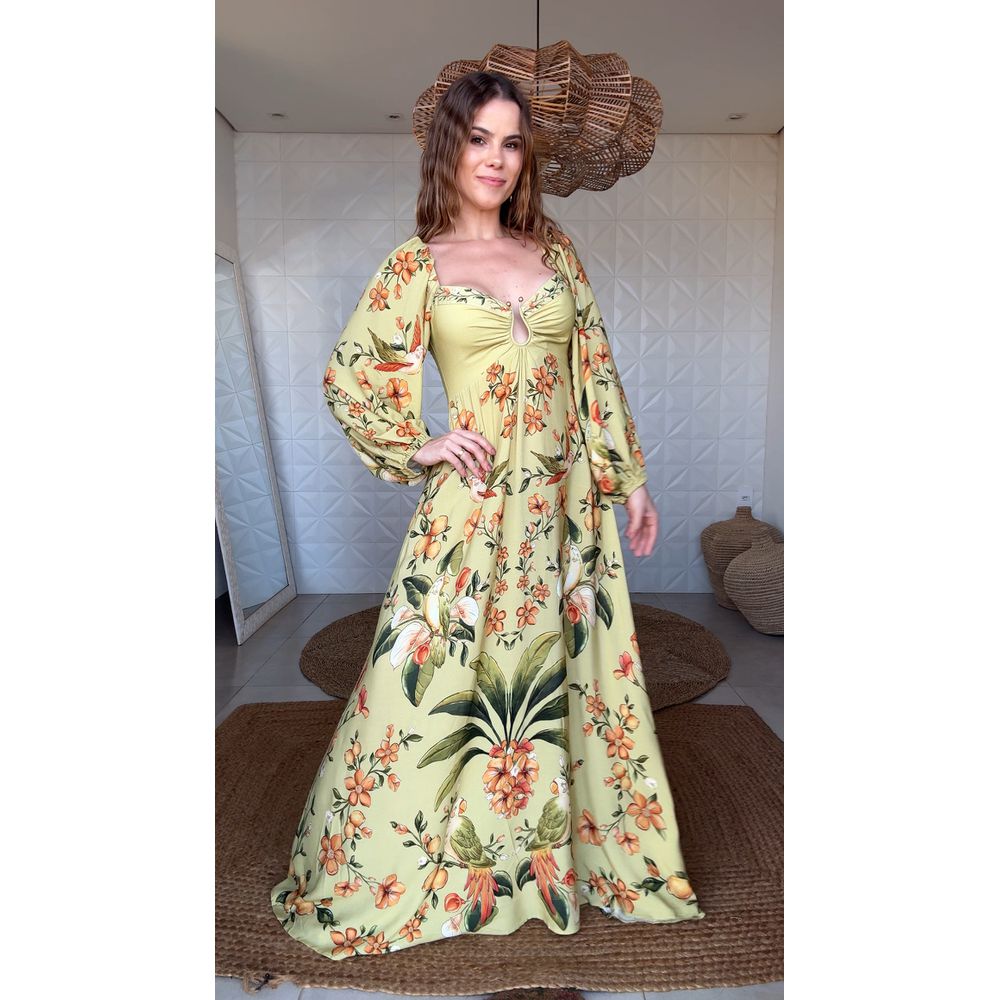 Vestido Longo Manga Bosque Chic Estampado