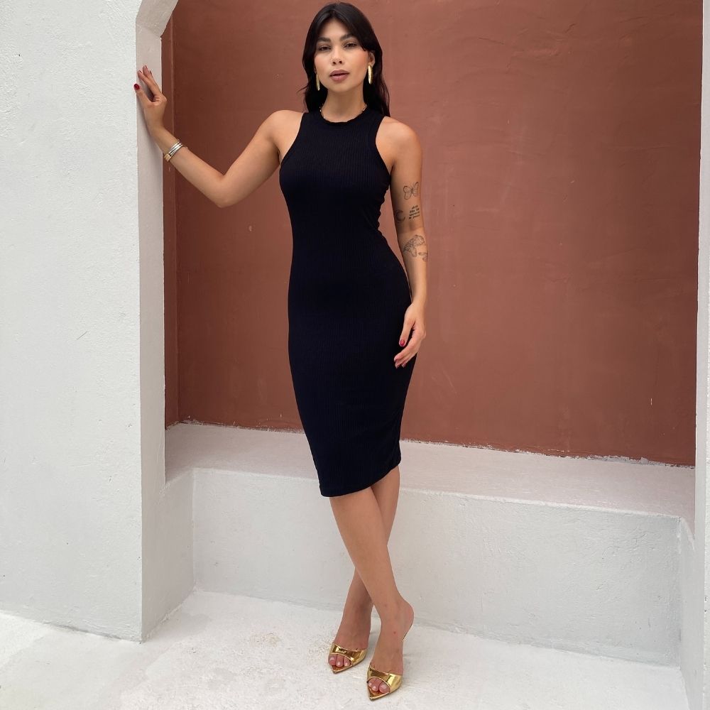 Vestido canelado Mid preto - Maranata Moda Feminina