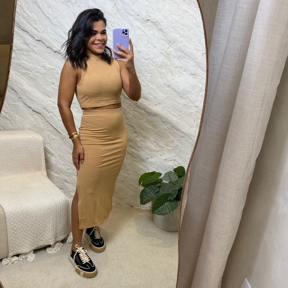 Conjunto cropped saia beje - Maranata Moda Feminina