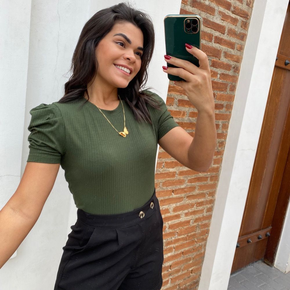 Blusa manga princesa verde militar - Maranata Moda Feminina