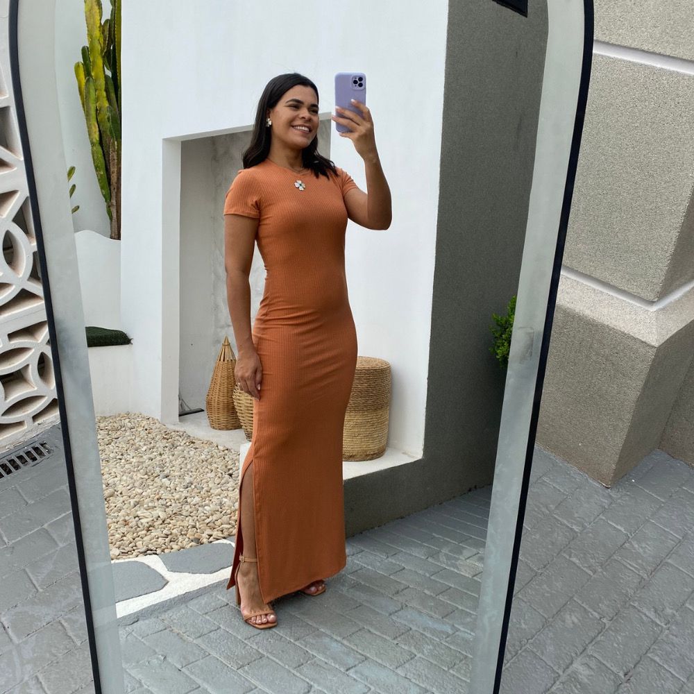 Vestido longo de manga canela - Maranata Moda Feminina