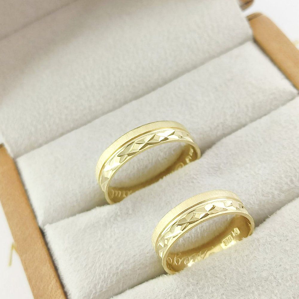 Alianças Em Ouro 18k Washington 5mm Diamantadeira e Fosco Acetinado Reta