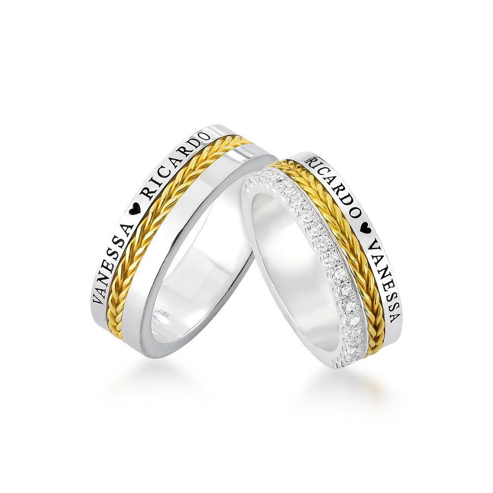Alianças Em Prata 950 Com Ouro 18k Mykonos 7mm Polida Reta