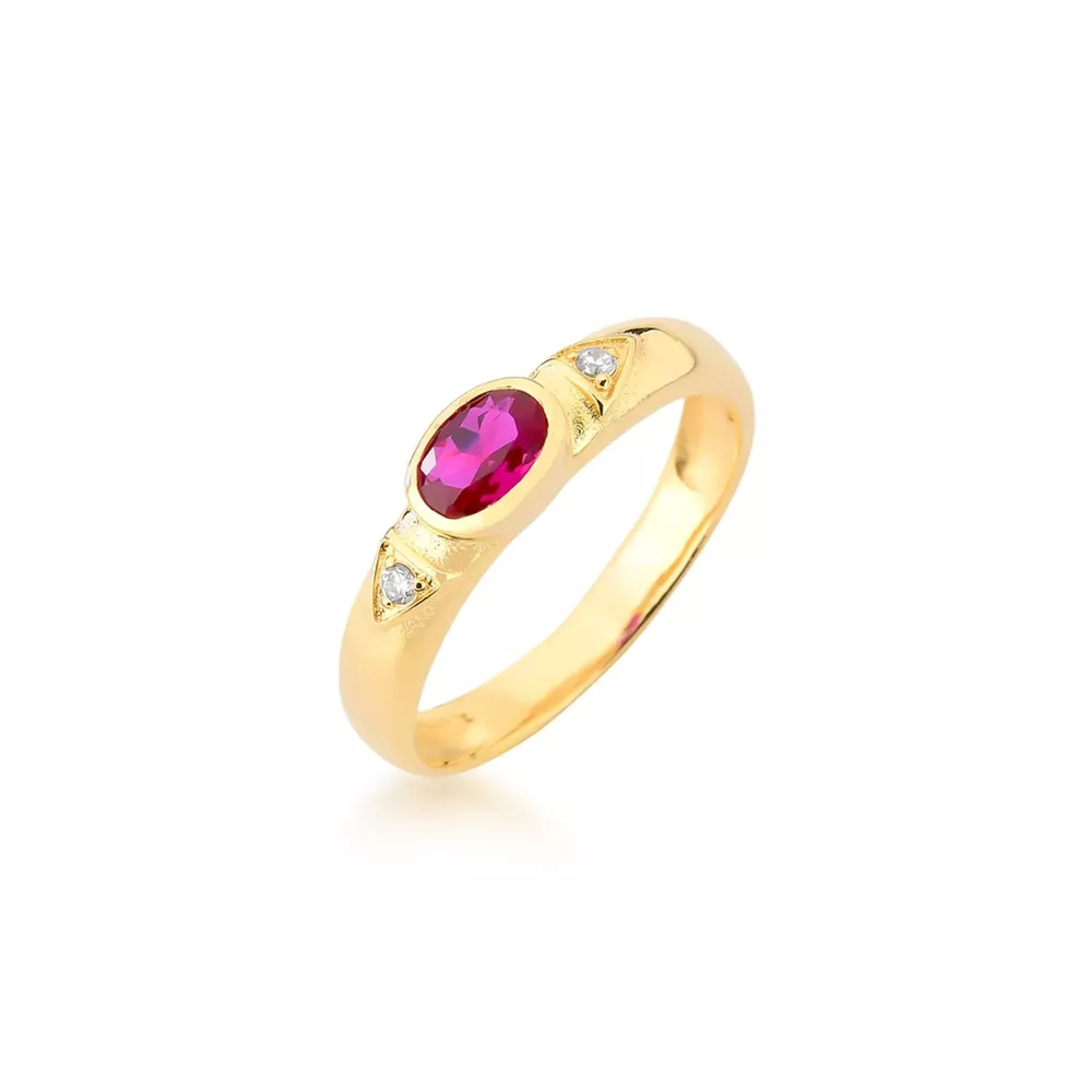 Anel De Formatura Aro Meia Cana Com Triângulos e Pedra Oval Em Ouro 18k