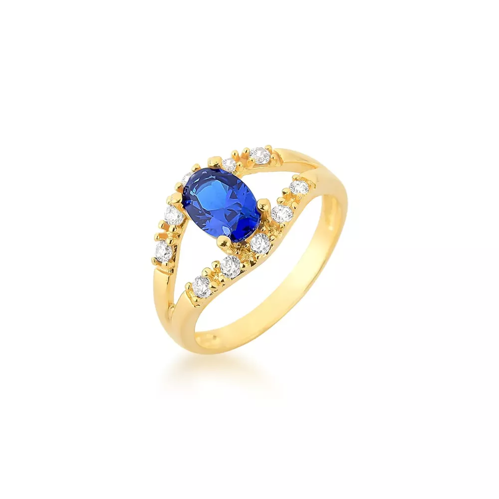 Anel De Formatura Aro Duplo Cravejado Com Pedra Oval Em Ouro 18k
