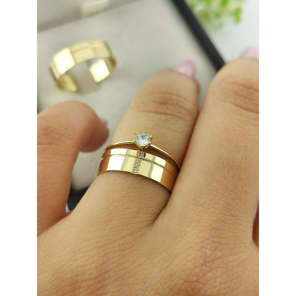 Par de Aliança em Ouro 18k Modelo 5MM Reto Polido + Anel Solitário em Ouro18k Brinde