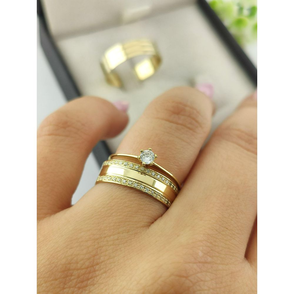 Par de Aliança em Ouro 18k 5mm Reta + Anel Solitário em Ouro 18k Brinde