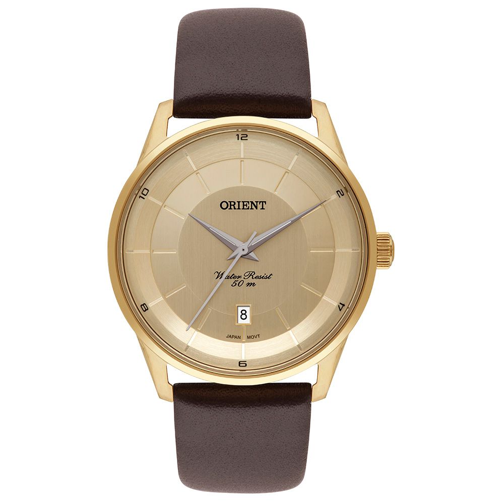 Relógio Orient Analógico Dourado Pulseira de Couro Marrom MGSC1012