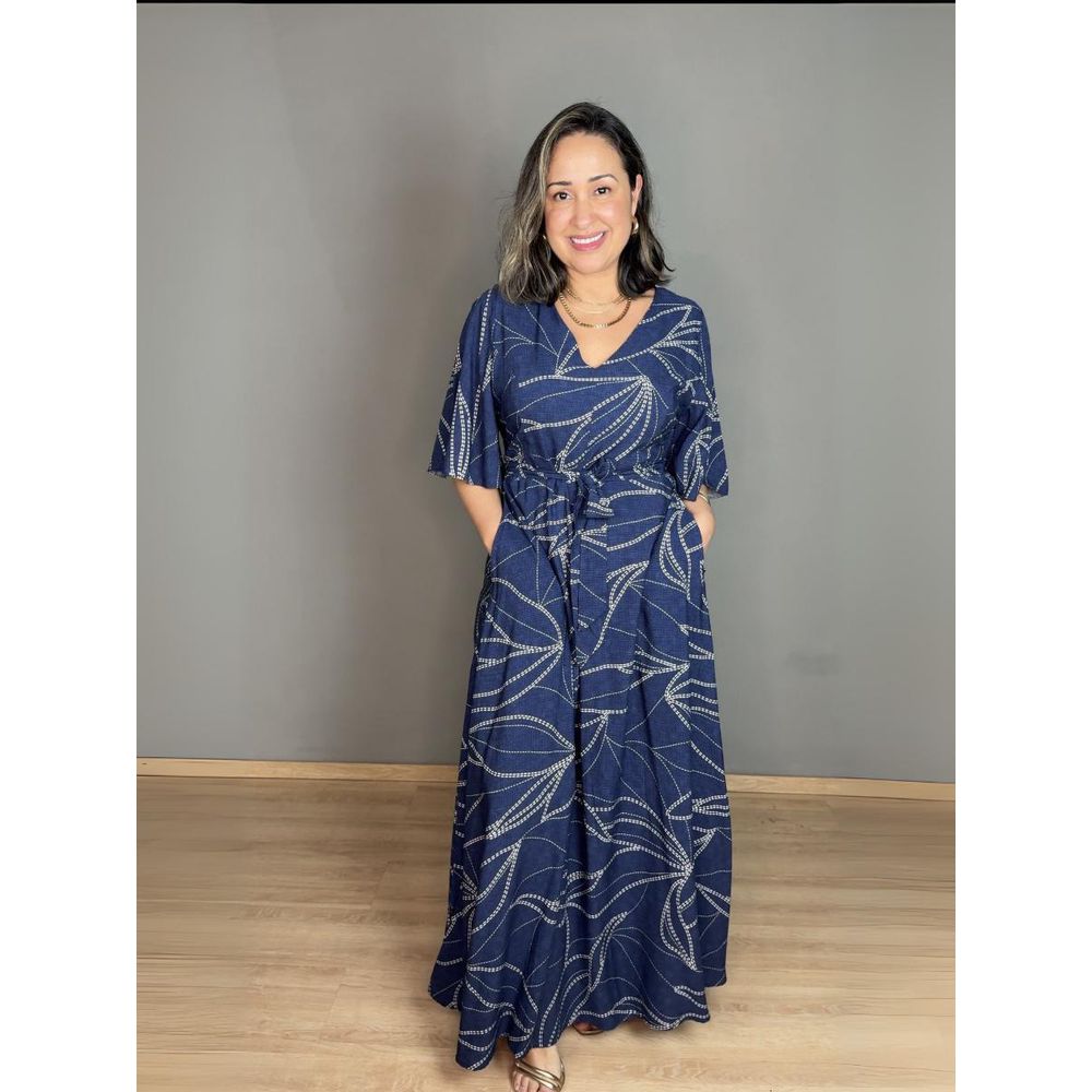 Vestido Estampado Longo Com Bolso e Faixa REF:V0606E