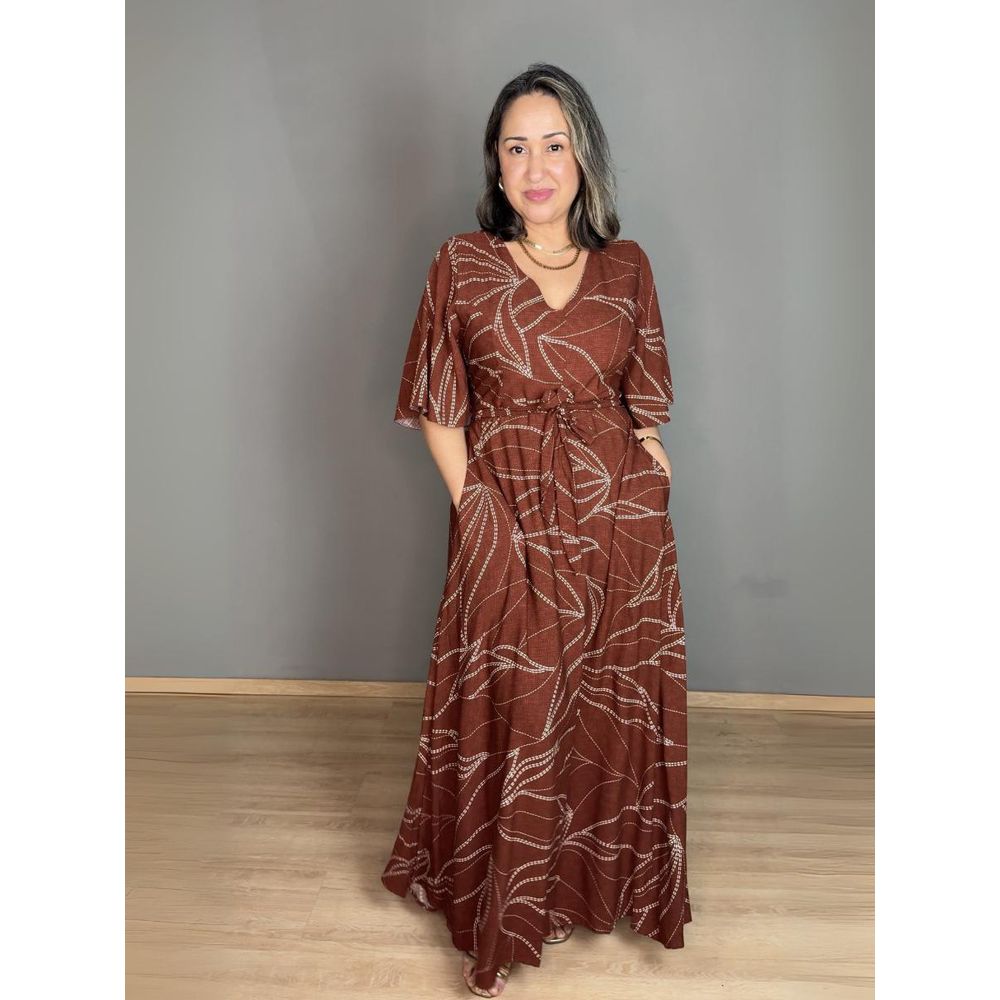 Vestido Estampado Longo Com Bolso e Faixa REF:V0606E