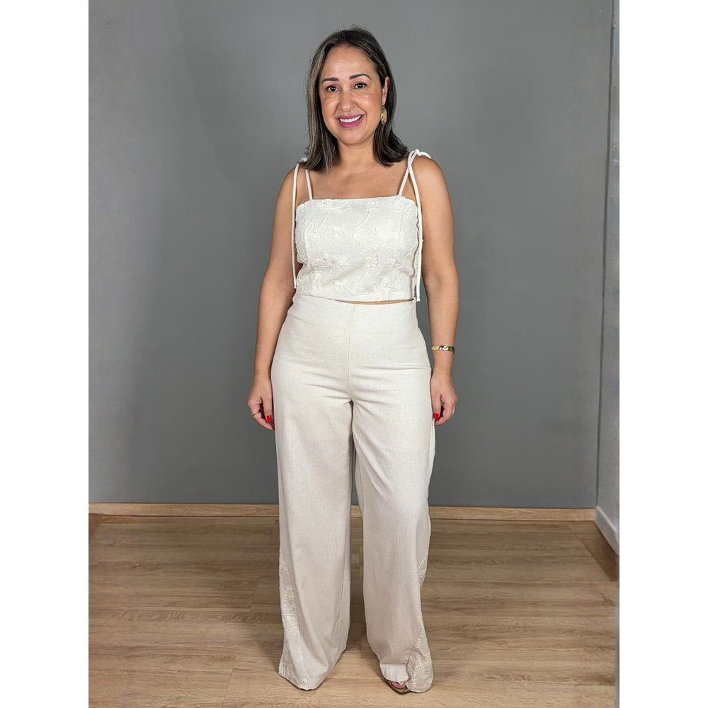 Conjunto Alcinha Pantalona Bordado Linho REF:YX1344