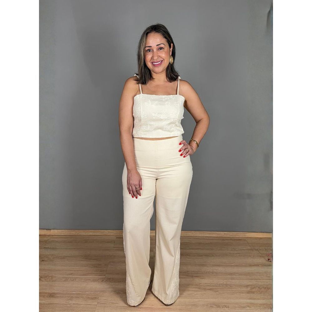 Conjunto Alcinha Pantalona Bordado Linho REF:YX1344