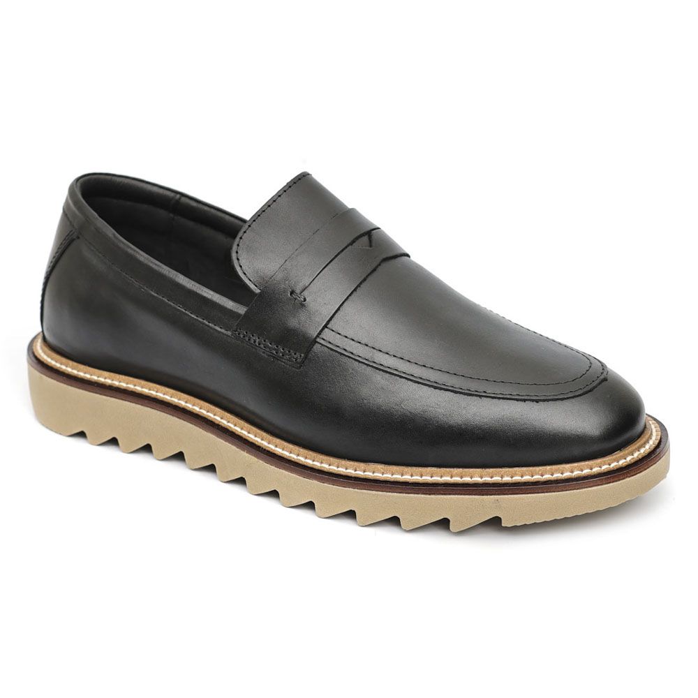 Sapato Masculino Loafer Tratorado Couro Roma Premium Liso Preto 