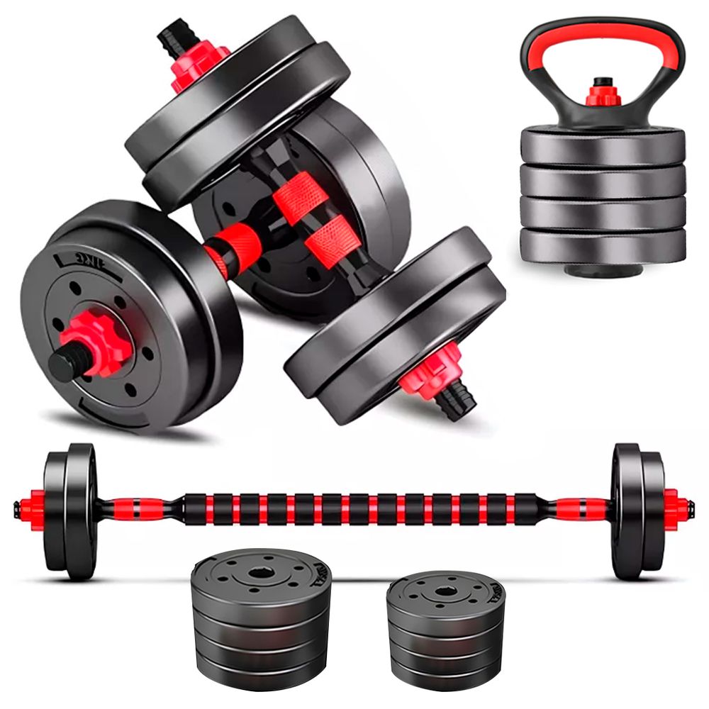 Kit Halteres Barra Anilha Peso Ajustável Dumbbells, Barras e Kettlebell Para Musculação - 6 Em 1 Consport