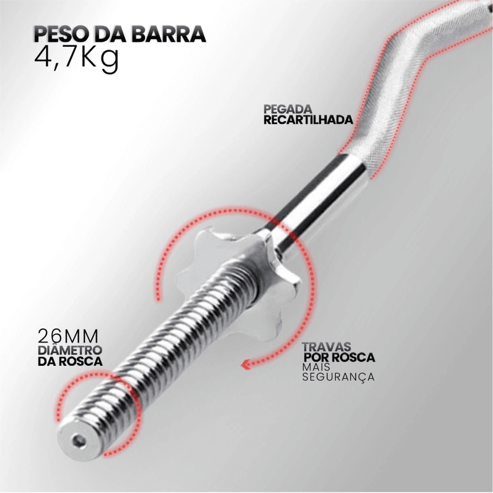 Barra W Musculação Maciça e Cromada com Rosca 120cm - Consport 