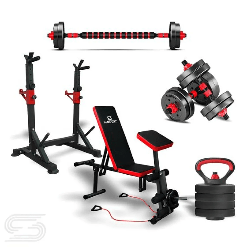 Kit Banqueta e Kit Halteres Barra Kettlebell dumbell pesos e Cavalete - Consport