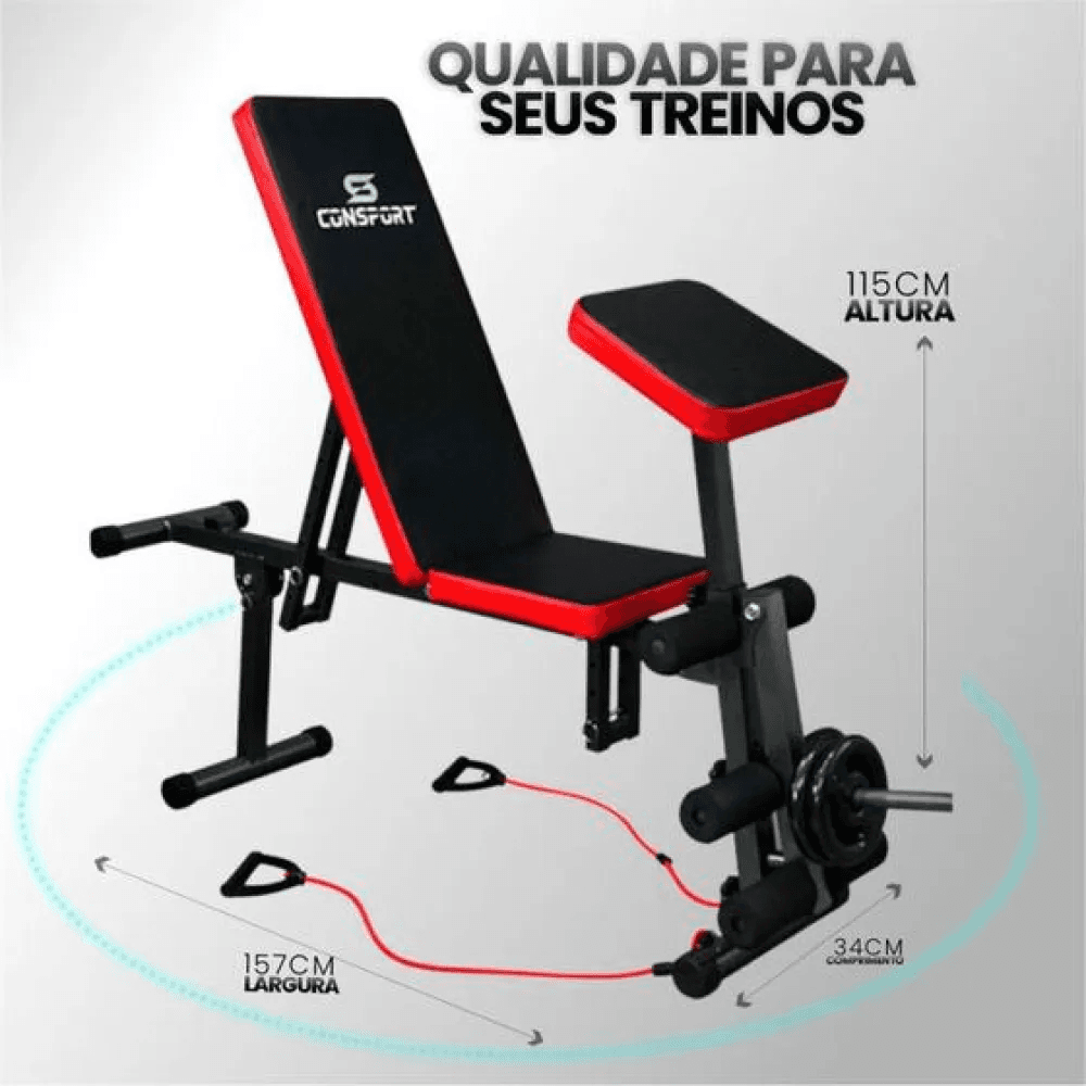 Kit Banqueta e Kit Halteres Barra Kettlebell dumbell pesos e Cavalete - Consport