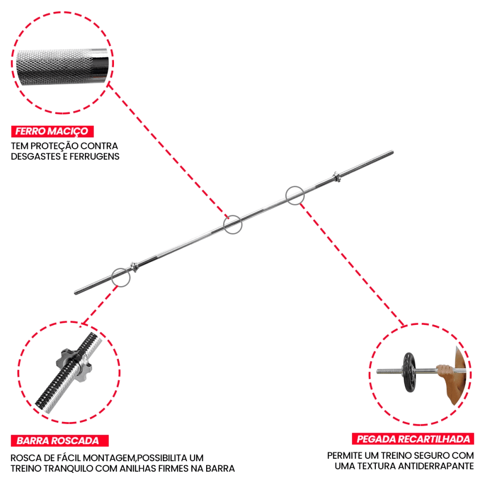 Barra de Musculação Reta Com Rosca Maciça Recartilhada 120 cm - Consport