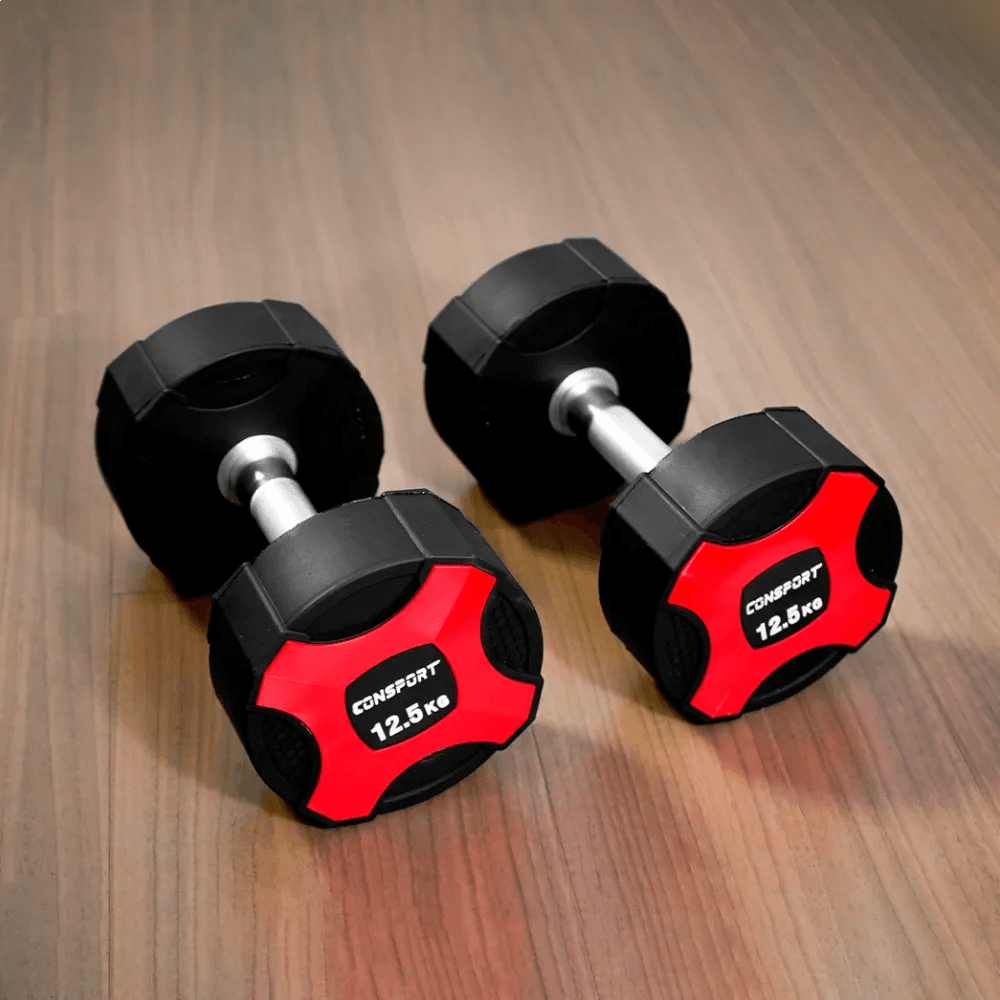 Kit Dumbbell P.U com Pegada em Aço Revestido com Cromo Recartilhado 12,5 Kg à 30 Kg - Consport com Suporte