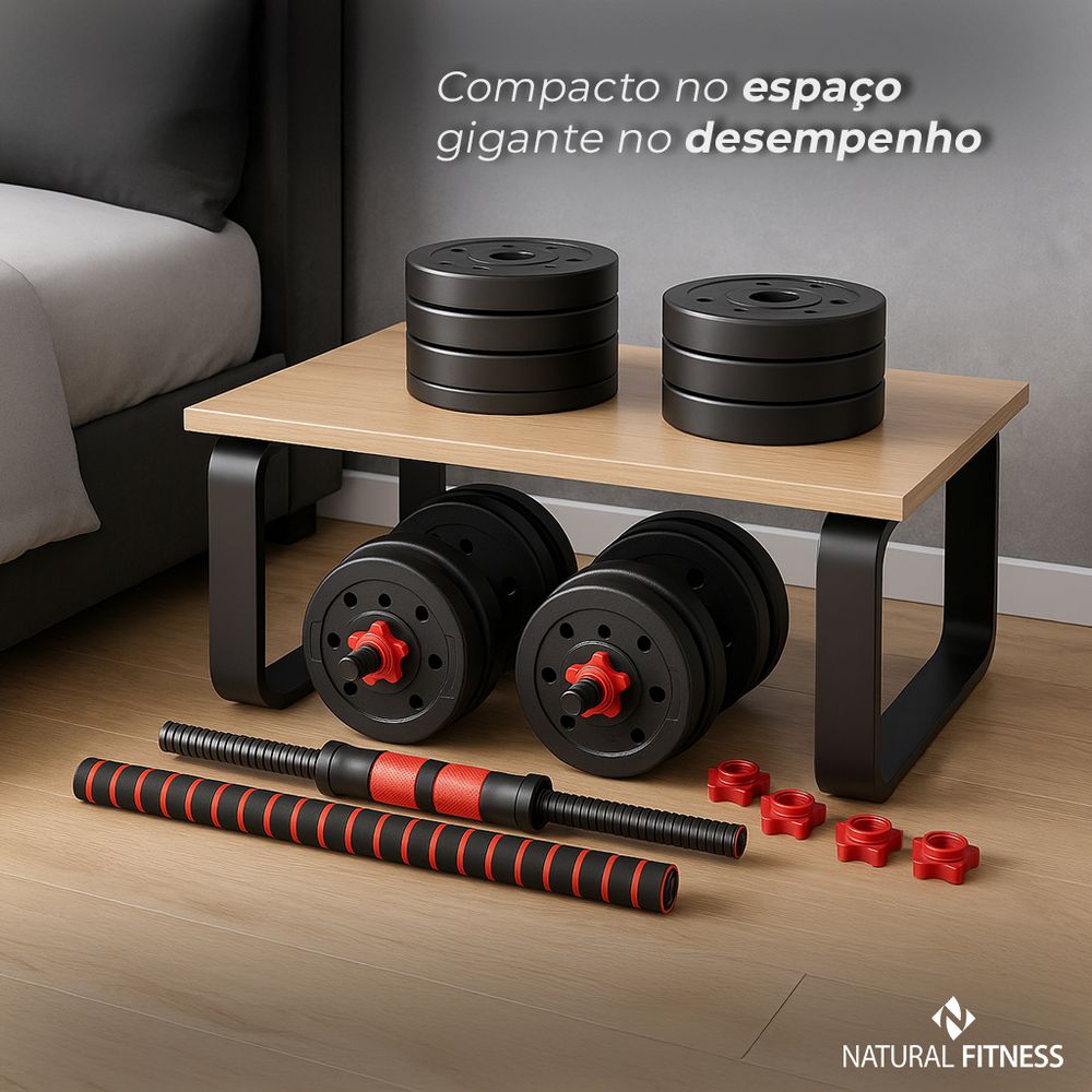 Kit Halteres Ajustáveis 6 em 1 com Barra e Anilhas Treino em casa 30kg | Consport