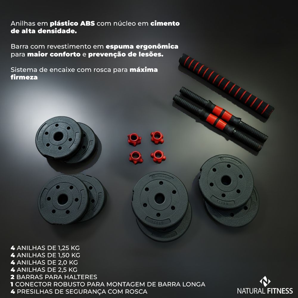 Kit Halteres Ajustáveis 6 em 1 com Barra e Anilhas Treino em casa 30kg | Consport