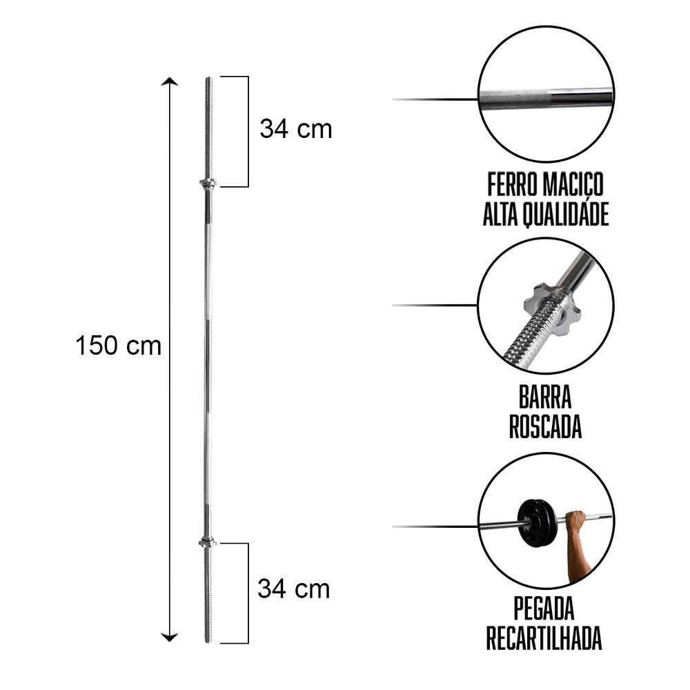Barra de Musculação Reta Com Rosca Maciça Recartilhada 150 cm - Consport 