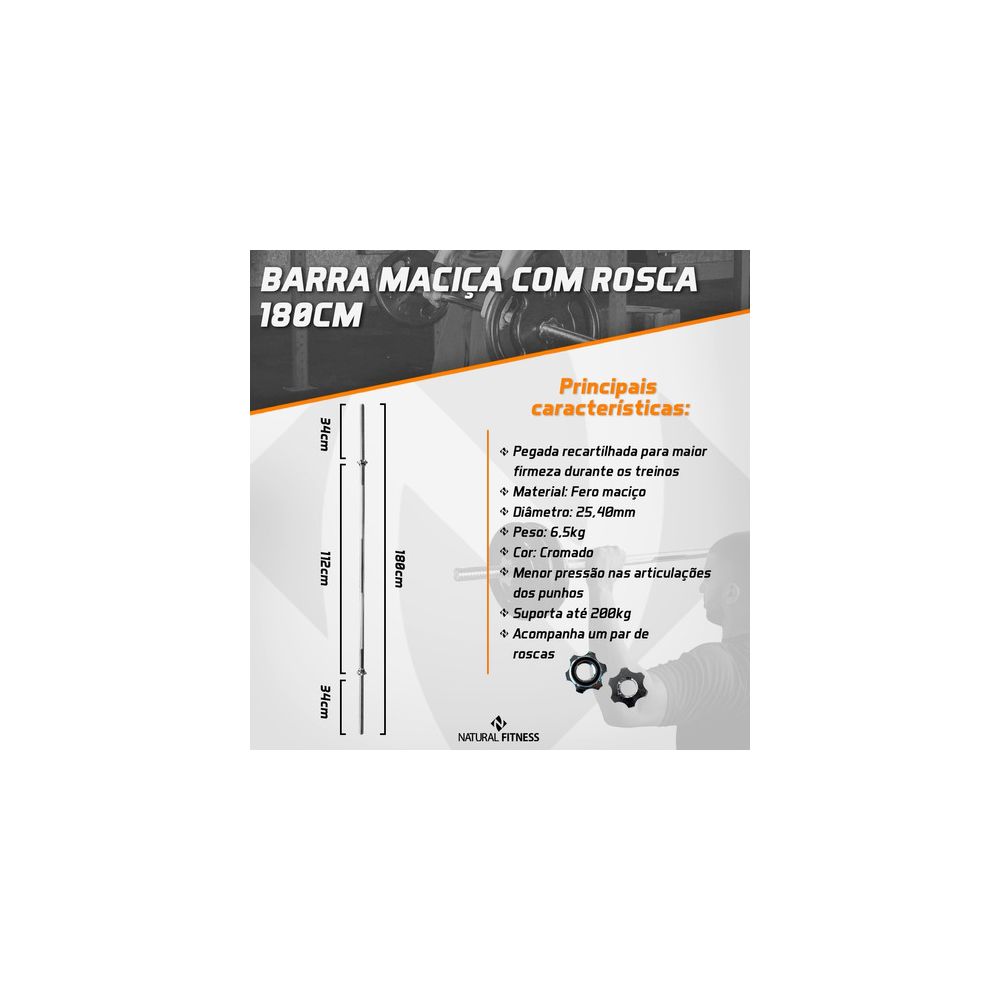 Barra de Musculação Reta Com Rosca Maciça Recartilhada 180 cm - Consport 