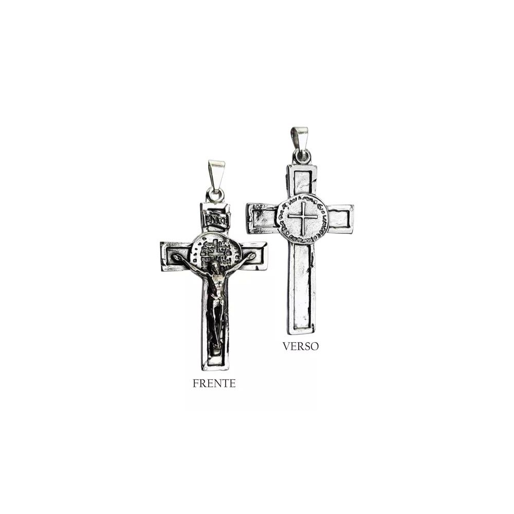 Pingente Crucifixo Com Medalha São Bento Original Duas Cruzes 4,8x3 Cm
