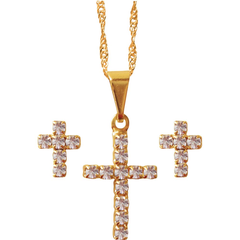 Conjunto Folheado a Ouro Brinco Com Cruz Strass 228