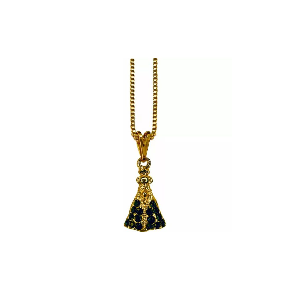 Corrente Colar Gargantilha Com Pingente Aparecida Folheado a Ouro C/16 Strass Azul Marinho