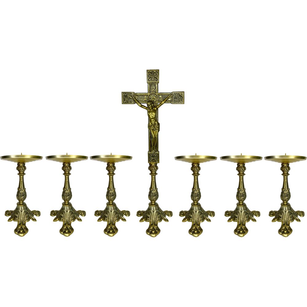 Conjunto Crucifixo Metal de Altar 50cm E 6 Castiçal 21cm