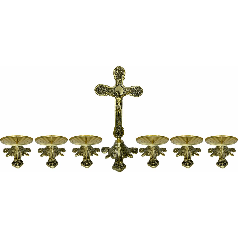 Conjunto Crucifixo Metal de Altar 30 cm E 6 Castiçal Baixo