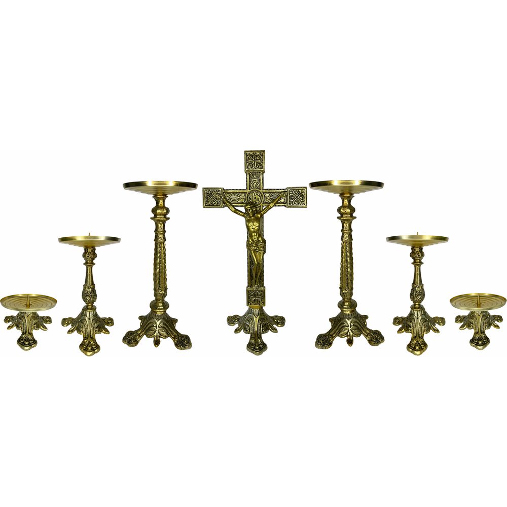 Conjunto Crucifixo Metal De Altar 37,5 Cm e 6 Castiçal 7x21x30cm