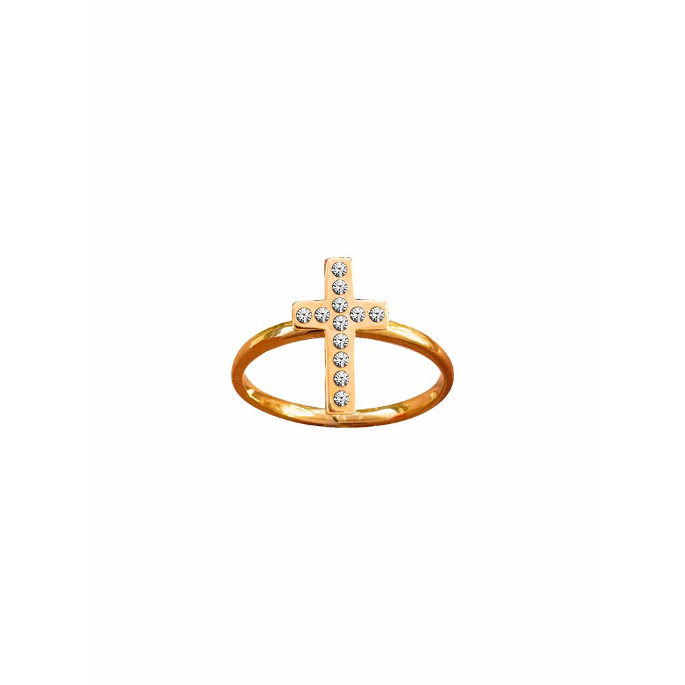 Anel Aço Inox Com Cruz Strass Dourado