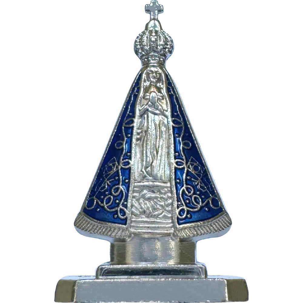 Imagem Nossa Senhora Aparecida Prateada Com Azul Metal 5,5cm Com Adesivo