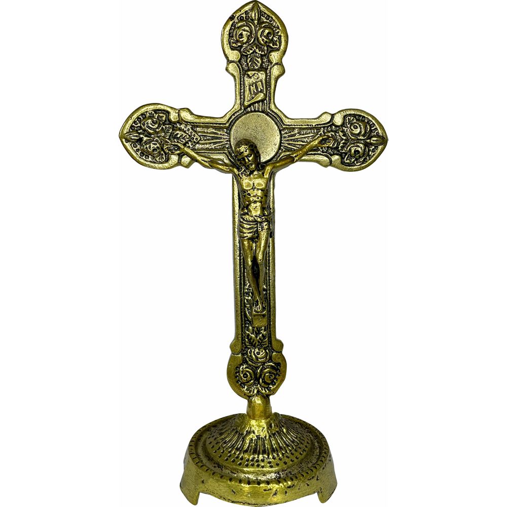 Crucifixo Metal De Mesa 23cm Ouro Velho