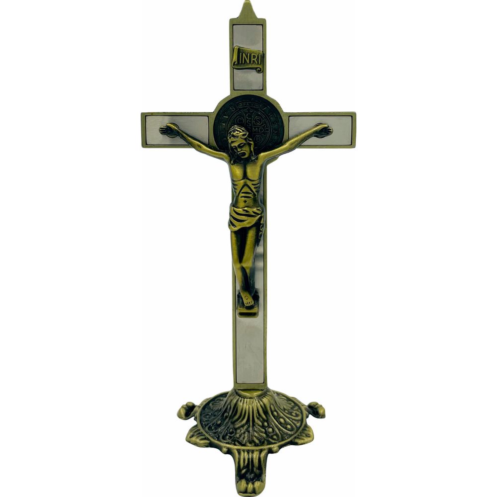 Cruz Crucifixo Mesa Altar Metal Ouro Velho São Bento