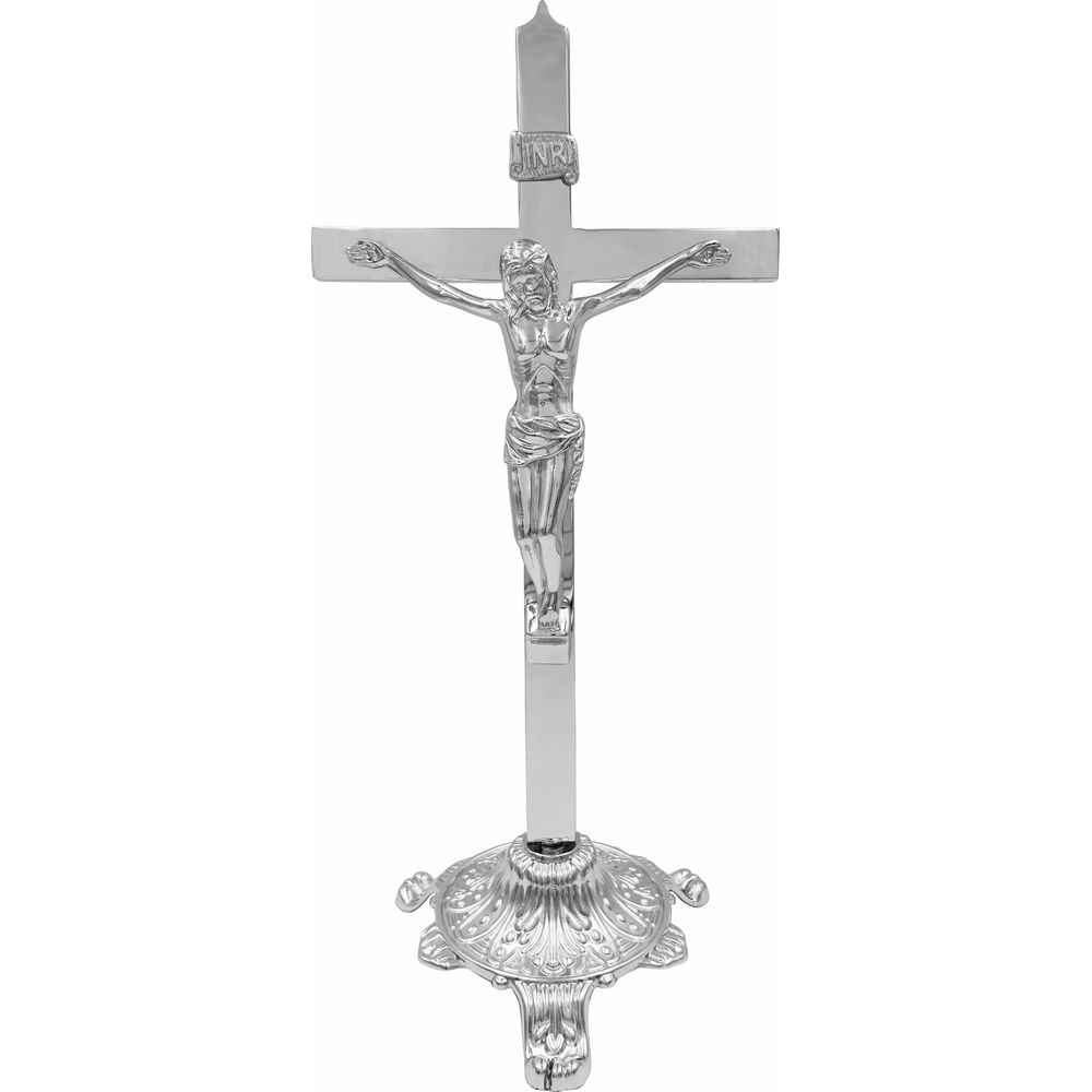 Cruz Crucifixo Mesa Altar Metal Prateado Com Base 26,5cm