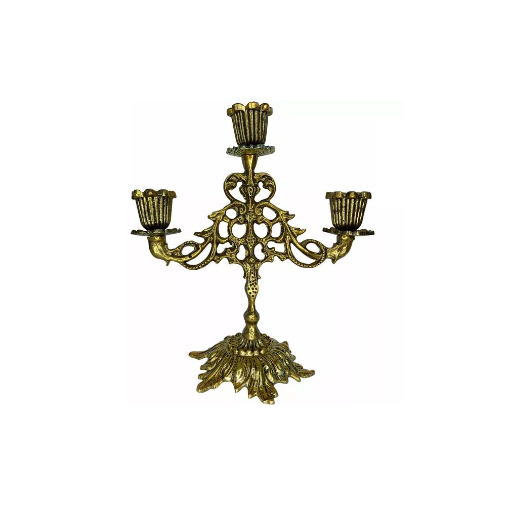 Castiçal Candelabro 03 Velas Ouro Velho 23x21 Cm