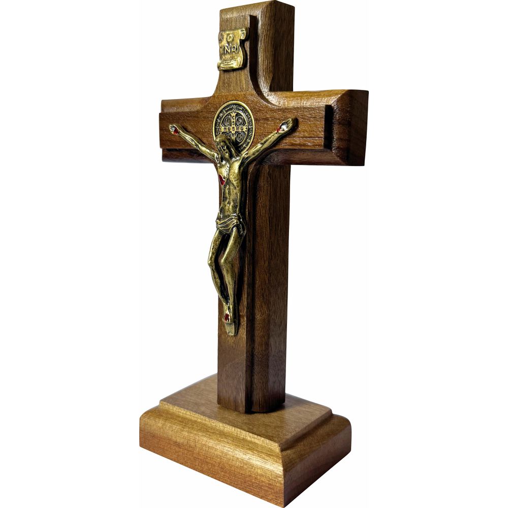 Cruz Crucifixo Madeira Com Cristo Metal Mesa e Parede 12cm