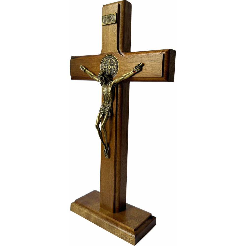 Cruz Crucifixo Madeira Com Cristo Metal Mesa e Parede 26cm